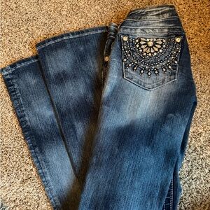 Miss Me Signature Rise Dark Blue Washed  Bootcut Jeans with Embellished Pocket